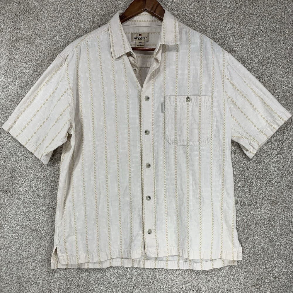Woolrich Y2K Button Up Sz M Embroidered Stripes Beachy Casual‎ Button Up Shirt